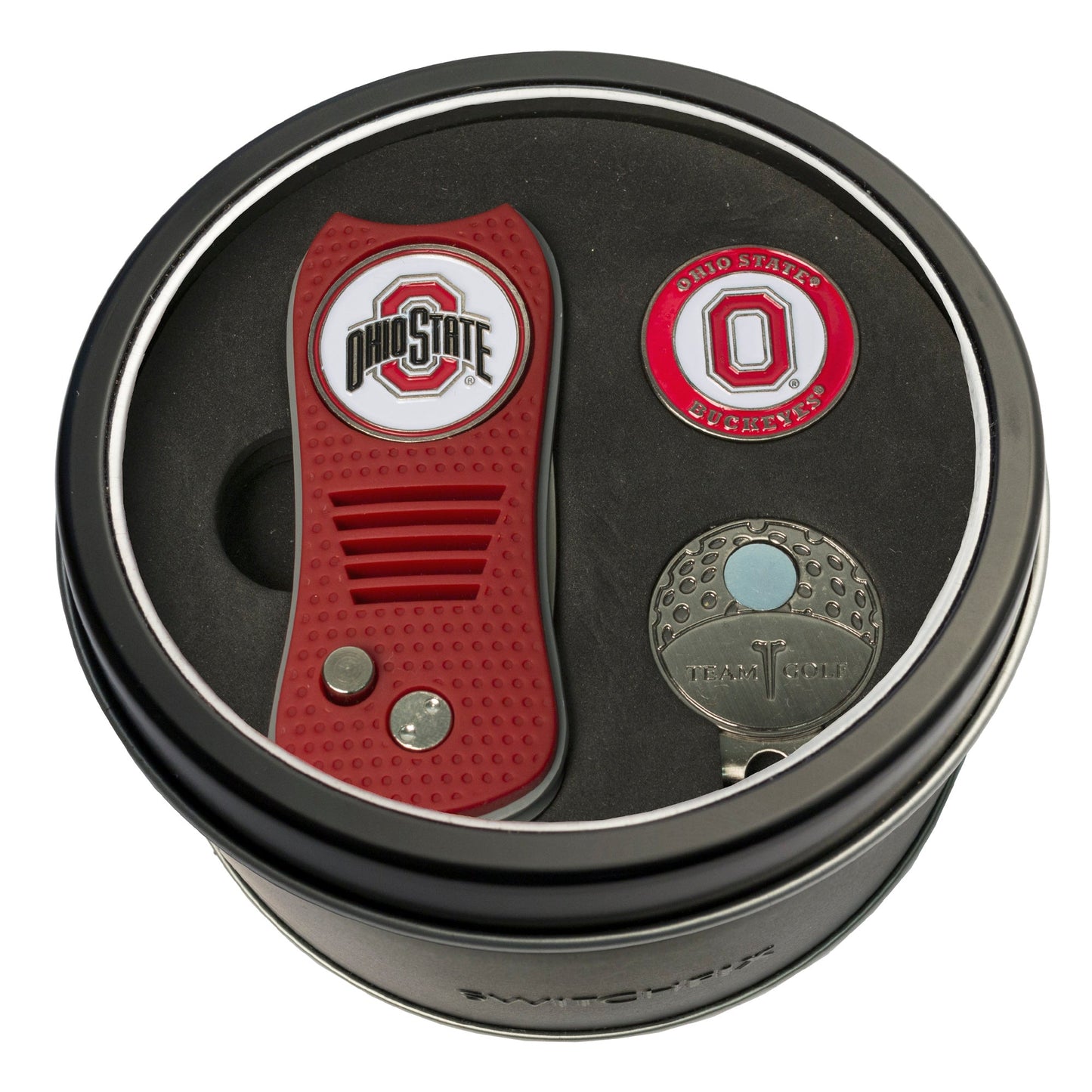 Ohio State Switchblade Divot Tool + Cap Clip + Ball Marker Tin Gift Set